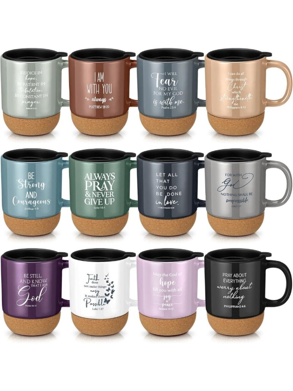 12 Pcs Multicolor Christian Coffee Mugs Set with Bible Verses - Perfect Gifts